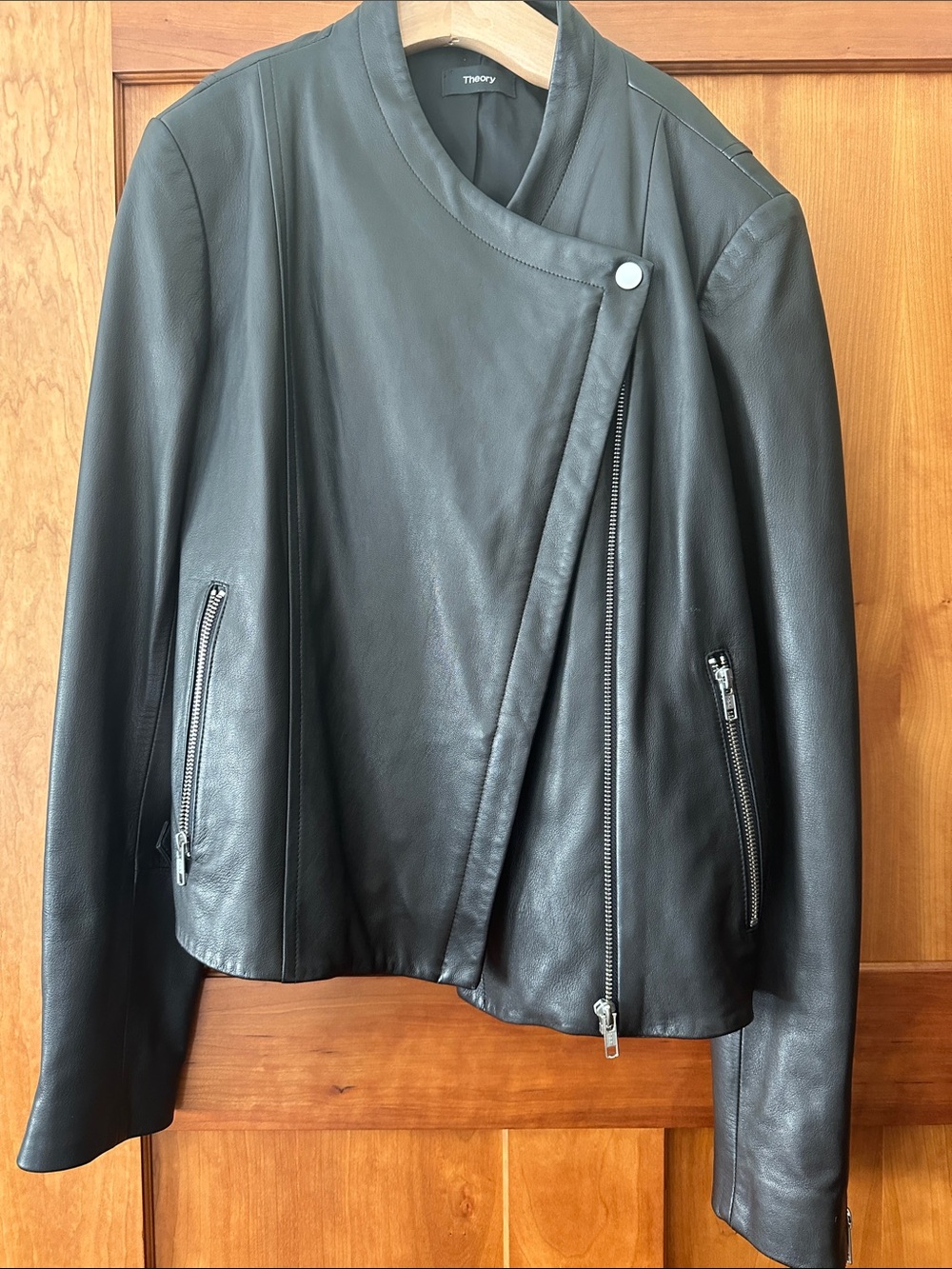 Theory Black Leather Asymmetric Moto Jacket Sz M
